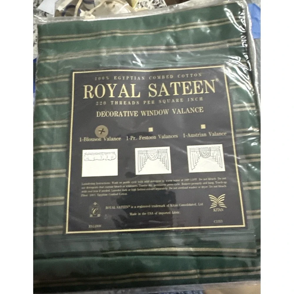 Vintage Royal Sateen Egyptian Cotton Window Valance Green Striped NOS Package